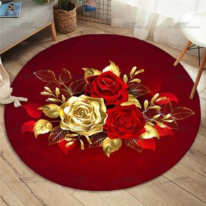 Carpets Fashion Round Rose Rug Home Anti-Slip Gold Rose Pattern Floor Mat Children's Bedroom Carpet Living Room Carpet R230717