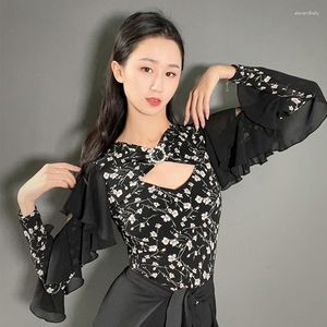 Stage Wear 2023 Ballroom Dance Clothes Women Adult Flower Black Long Sleeves Tops Practice Clothing Latin Costume Bodysuit DNV17973