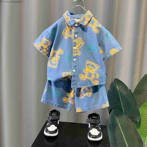 Clothing Sets Boys' summer clothing bear printed denim shirt shorts and jeans 2-piece denim jacket top tier pants children's track and field clothing Z230717