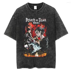 Camisetas masculinas Anime Washed Tshirt Estampado Manga Curta Algodão Preto Eren Streetwear Colete Camiseta Grande