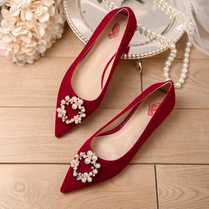 Vestido Sapatos Mulheres Grávidas Casamento 2023 Noiva Sapatilhas Seguro Relaxe Confortável Pés Win Vermelho Camurça Pérola Fivela Salto Baixo