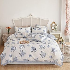 Set di biancheria da letto Copripiumino stampato in cotone blu bianco fiore con chiusura a cerniera Set botanico vintage morbido leggero traspirante