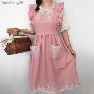 Vintage Aprons For Women With Pockets Kitchen Waitressing Cotton Linen Dress Apron Cute Ruffles Lace Bib L230620