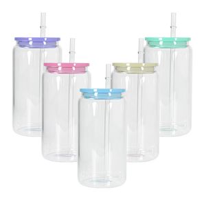 16 onças de sublimação canecas coloridas xícaras de tampa colorida Clear Fosted Cerves Lan Jar jarra de vidro bebendo copos com palha reutilizável A0141