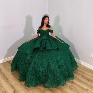 Blackish Green Shiny Princess Quinceanera Dress Ball Straps Paski z koraliki z ramion 15. suknia imprezowa