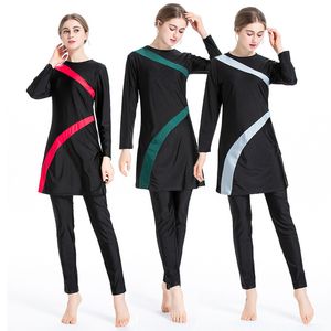 Ternos de duas peças 3 pçsConjunto de roupa de banho muçulmana de manga comprida colorblock conservadora roupa de banho feminina maillot de bain musulmane 230715