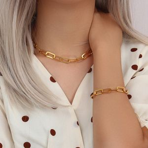 Wedding Jewelry Sets Minimalist 18K Gold Plated Paper Clip Chain Necklaces Stainless Steel Waterproof Bracelets for Women 230717