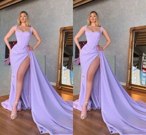 Sexig lavener plus storlek Mermaid Prom Dresses Long For Women Straps High Side Split Formella tillfällen Pageant Dress Evening Party Födelsedagsklänning utan handskar