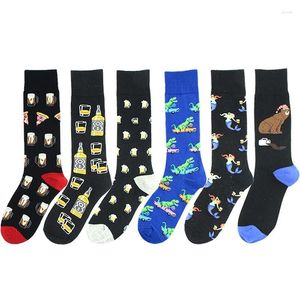 Men's Socks PEONFLY 1 Pair Men Combed Cotton Colorful Funny Beer Crocodile Crew For Business Causal Dress Wedding Gift