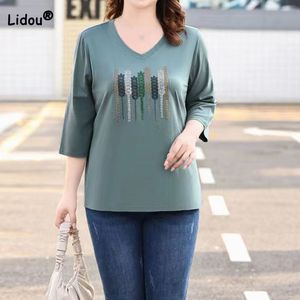 Damskie Tshirt Plus Size Casual Patchwork Wzór Wiertło trzy ćwierć rękawowe Spring Summer Summer Vneck Lose Plus Size Pullover Tops 2307715