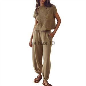 Women's Two Piece Pants Women's Two Piece Outfits 2023 Sweater Sets Short Sleeve Crew Neck Knit T-shirt Pullover Tops and High Waisted Pants Lounge Sets J230717