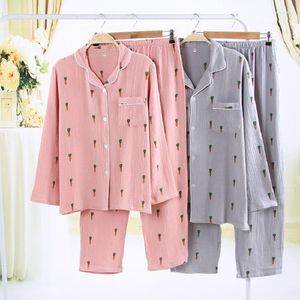 Pijamas femininos conjuntos de pijamas de algodão crepe feminino manga comprida roupas para casa masculino pijama masculino calças de comprimento total para o outono