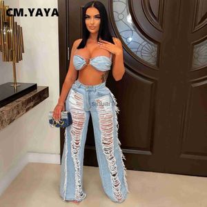 Zweiteilige Damenhosen CMYAYA Street Denim Damen Jeansanzug und Crop Top Elegantes Loch Quaste Jean Hose Hosen Zwei 2-teiliges Set 2022 Sommer Outfits J230717