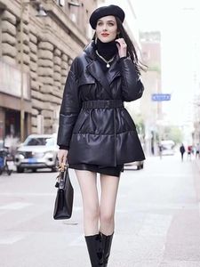 Womens Leather Down Jacket Autumn And Winter Lapel Tops Belt Warm Coat Slim Sheepskin