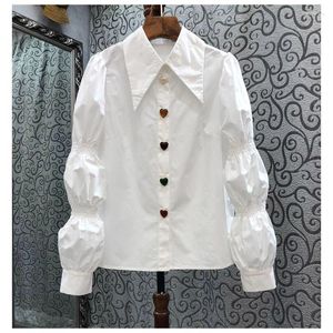 Kvinnors blusar 2023 Vintage Puff Bubble Sleeve Button Up Shirt Lady White Blus Women pekade Slå ned krage långa bomullstoppar