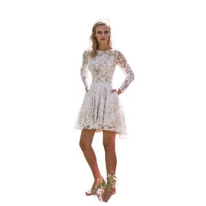 Primavera Autunno Boho Abiti da sposa corti in pizzo pieno Sexy schiena aperta Hi Lo Sheer maniche lunghe Abiti da sposa country economici