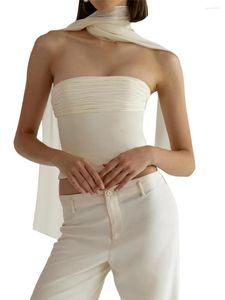 Regata feminina feminina elegante Y2K top tubinho com cachecol - sexy ombro de fora sem alças sem costas bandeau regata para o verão