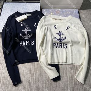 Women Anchor Jacquard Sweaters Letter Embroidery Knitted Sweater Crew Neck Knits Tees for Ladies