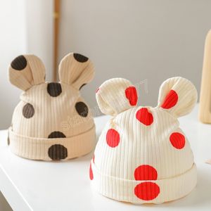 Gorro Bonito Dot Baby Gorro Cor Sólida Recém-nascido Tricotado Chapéu Com Orelhas Outono Quente Inflável Menino Meninas Chapéus Listrados Boné