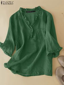 Женская футболка Zanzea Summer Cold Color Ruffles Blouse Vneck 34 рукав 100% хлопчатобумаж