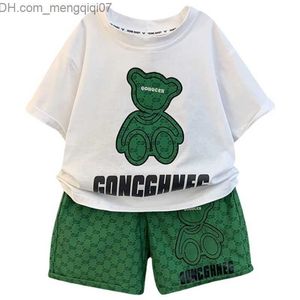 Conjuntos de roupas para bebês meninas, meninos, verão, estampa de urso, conjunto superior e inferior, camiseta de manga curta, roupas infantis de atletismo, lounge Z230717