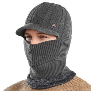 Moda Maschere per il viso Ghetta per il collo Cappello lavorato a maglia invernale 3 in 1 per uomo Distintivo in metallo Addensare Peluche Calore Berretto per pullover Tinta unita Bavaglino Cappello siamese Passamontagna per sci Velo 230717