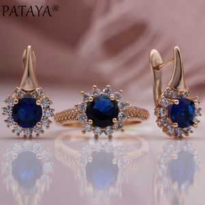 Bröllopsmycken set Pataya 585 Rose Gold Color Kvinnor Set gåva Dark Blue Round Natural Zircon Sunflower Drop Earrings Ring 230717