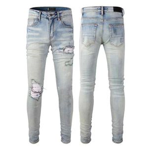 Designer stack jeans europeiska rippade jean män broderi quiltning för trend varumärke vintage byxa mens fäll smala mager mode jeans sstraight pantsbxh0