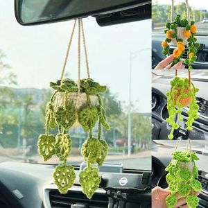 Decorative Flowers Hand Knitted Cute Potted Plants Crocheted Car Decor-car Hanging Ornament Women Men Interior Rear View Mirrors Decoration