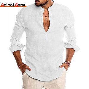 Magliette da uomo Camicia abbottonata Camicie in cotone di lino Camicie casual a maniche lunghe Colletto alla francese Leggero Top tinta unita da spiaggia 230717