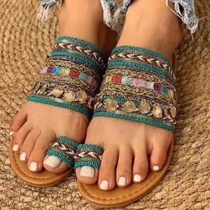 Terlik Kadın Ayakkabı Yaz Yunan Tarzı Boho Folk-Düzenli Artisanal Bayanlar Düz İzleyiciler Sıradan Nefes Alabilir Konforlu Plaj Kadın Sandaletleri L230717
