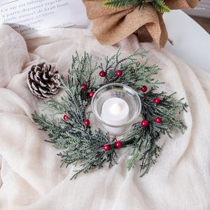 Decorative Flowers Pine Needle Candlestick Wreath Handmade Christmas Candle Holders Artificial Leaves Red Fruits Ring For Home Decor
