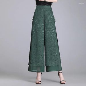 Women's Pants Chinese Style Chiffon Wide Trousers Female Elegant Vintage Summer Thin Split Loose Skirt Women Black Green