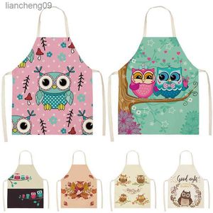 1Pcs Colorful Owl Pattern Cleaning Art Aprons Home Cooking Kitchen Apron Cook Home Wear Cotton Linen Adult Bibs 68x55cm Delantal L230620