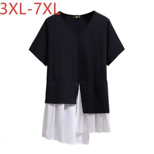 Damskie Tshirt Plus Ladies Summer Plus Size Women Clothing Tops Duże krótkie rękawowe luźne bawełniane czarne fałdowanie długie Tshirt 3xl 4xl 5xl 6xl 7xl 230715