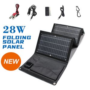 Batterier uppgraderade 28W 21W 14W Portable Solar Panel Charger Dubbel USB 5V 18V DC Camping Foldbar för telefonladdning Power Bank 230715