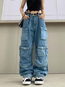 Jeans femininos vintage calças de carga baggy mulheres 90s y2k europa e américa moda 2023 menina multi bolso azul perna larga