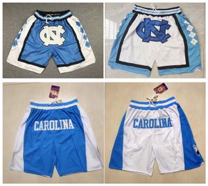 North Carolina Basketbol Kısa Kalça Pop Koşan Pantolon Pocket Zipper Dikişli Mavi Beyaz Boyut S-XXL