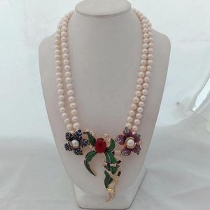 Chains 2strands 8-9mm White Freshwater Pearl Micro Inlay Zircon Buckle Flower Accessories Necklace Long 45-48cm