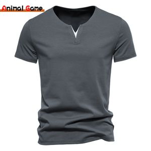 Herren-T-Shirts, kurzärmelige Henley-Shirts, lässige Baumwolle, schmale Passform, Basic-Sommer-T-Shirt mit V-Ausschnitt 230717
