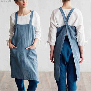 Cross Back Linen Apron Japanese Apron Linen Cross Over Apron No Ties Solid Color Simplicity Apron Pinafore Apron For Woman Gifts L230620