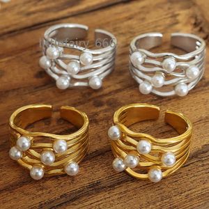 13 mm de largura de aço inoxidável multicamadas onda irregular anel simulado anéis de pérola feminino francês romântico elegante jóias quente