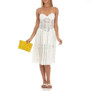 Casual Dresses Women's Corset Dress Summer Midi Slip Sleeveless Spaghetti Strap Solid Color Lace Sheer