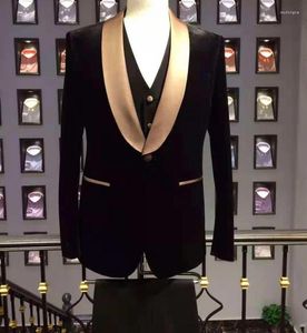 Ternos masculinos preto noivo smoking xale ouro cetim lapela padrinhos casamento homem (jaqueta calça gravata borboleta colete) C681