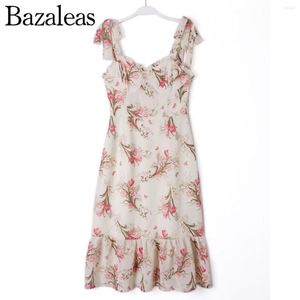 Casual Dresses 2023 Retro Bow Strap Sleeveless Tank Robe Holiday Flower Print Sling klänning Kvinnor Spliced ​​Ruffles Hem Tie