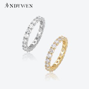 Andywen 100% 925 Sterling Srebrny złoto 3 mm cyrkon CZ Pierścień Luksusowy duże kobiety dobre biżuterię 2023 Crystal Women Spring Wedding