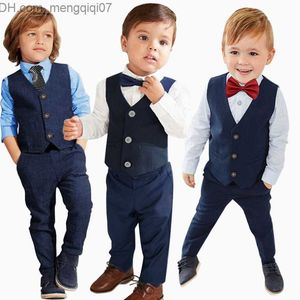 Conjuntos de roupas novo conjunto de meninos aniversário infantil vestido de festa de casamento camisa cavalheiro calças gravata 3 peças roupas de meninos roupas infantis 2-7 anos Z230720