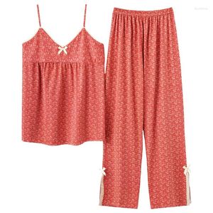 Pigiameria da donna Estate Accogliente Sexy Scollo a V Top Pigiama Set Donna Corea Sling Pantaloni lunghi Pigiama stampa floreale moda