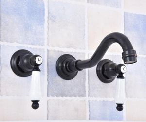 Bathroom Sink Faucets Black Oil Rubbed Brass 2 Ceramic Handle Wall Mount 3 Hole Widespread Lavatory Vessel Basin Faucet Mixer Tap Dsf497