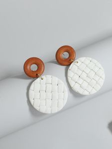 Dangle Earrings Lifefontier Handmade White Color Knitting Braided Pattern Polymer Clay Drop Earring Fashion Round Wooden Jewelry